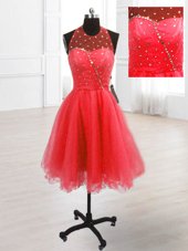 Coral Red A-line Sequins Party Dress for Toddlers Lace Up Organza Sleeveless Knee Length