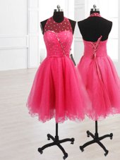Amazing Hot Pink Party Dress Prom and Party and For with Sequins High-neck Sleeveless Lace Up