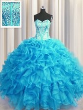 Dynamic Visible Boning Bling-bling Baby Blue Ball Gowns Sweetheart Sleeveless Organza Floor Length Lace Up Beading and Ruffles Ball Gown Prom Dress