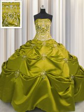 High Class Olive Green Ball Gowns Strapless Sleeveless Taffeta Floor Length Lace Up Beading and Appliques and Embroidery 15th Birthday Dress