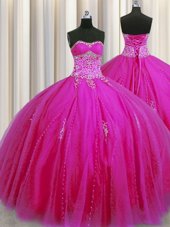 Cute Really Puffy Fuchsia Tulle Lace Up Quinceanera Gown Sleeveless Floor Length Beading and Appliques