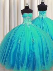 Flirting Big Puffy Aqua Blue Tulle Lace Up Sweetheart Sleeveless Floor Length Quinceanera Gowns Beading and Appliques