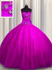 Sequined Floor Length Ball Gowns Sleeveless Fuchsia Sweet 16 Dresses Lace Up