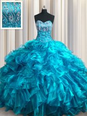 Smart Visible Boning Beading and Ruffles and Sequins Quinceanera Dresses Red Lace Up Sleeveless Floor Length