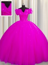 Off The Shoulder Short Sleeves Court Train Lace Up Quince Ball Gowns Fuchsia Tulle