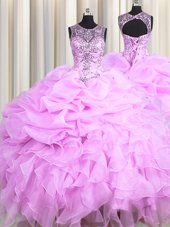 See Through Lilac Organza Lace Up Scoop Sleeveless Floor Length Vestidos de Quinceanera Beading and Ruffles and Pick Ups