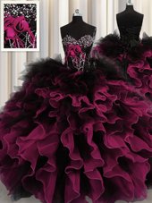 Pretty Red And Black Ball Gowns Sweetheart Sleeveless Organza and Tulle Floor Length Lace Up Beading and Ruffles Sweet 16 Dresses