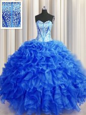 Sweet Visible Boning Beaded Bodice Royal Blue Lace Up Sweetheart Beading and Ruffles Quinceanera Gowns Organza Sleeveless