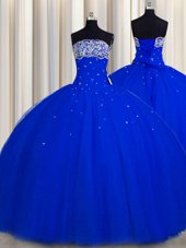 Amazing Really Puffy Royal Blue Sleeveless Tulle Lace Up Quinceanera Gown for Military Ball and Sweet 16 and Quinceanera