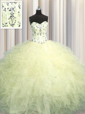 Top Selling Visible Boning Light Yellow Quinceanera Dress Military Ball and Sweet 16 and Quinceanera and For with Beading and Appliques and Ruffles Sweetheart Sleeveless Lace Up