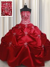 Embroidery Floor Length Wine Red Quince Ball Gowns Strapless Sleeveless Lace Up