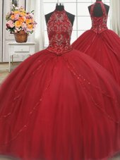 Halter Top Sleeveless Court Train Beading and Appliques Lace Up Sweet 16 Dress