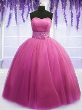 Rose Pink Sweetheart Neckline Beading and Belt 15 Quinceanera Dress Sleeveless Lace Up