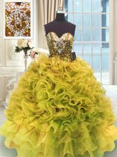 Gold Ball Gowns Sweetheart Sleeveless Organza Floor Length Lace Up Beading and Ruffles Vestidos de Quinceanera