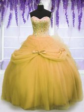 Fashion Gold Ball Gowns Beading and Bowknot Ball Gown Prom Dress Lace Up Tulle Sleeveless Floor Length