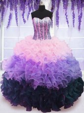 Affordable Sleeveless Floor Length Beading and Ruffles and Ruffled Layers Lace Up Quince Ball Gowns with Multi-color