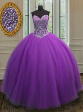 Eggplant Purple Lace Up Quince Ball Gowns Beading Sleeveless Floor Length