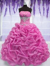 Romantic Floor Length Rose Pink 15 Quinceanera Dress Strapless Sleeveless Lace Up