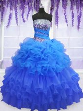High Quality Beading and Ruffled Layers and Pick Ups Quinceanera Dress Blue Lace Up Sleeveless Floor Length