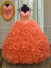 Delicate Orange Red Zipper Straps Beading and Ruffles 15th Birthday Dress Organza Sleeveless