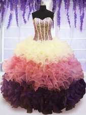 Colorful Floor Length Multi-color Sweet 16 Quinceanera Dress Organza Sleeveless Beading and Ruffles and Ruffled Layers