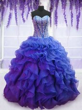 Affordable Sweetheart Sleeveless Sweet 16 Quinceanera Dress Floor Length Beading and Ruffles Royal Blue Organza