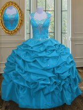 Affordable Aqua Blue Sleeveless Floor Length Beading and Ruffled Layers and Pick Ups Lace Up 15th Birthday Dress