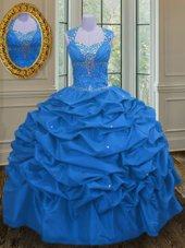 Straps Straps Pick Ups Blue Sleeveless Taffeta Lace Up Sweet 16 Dress for Military Ball and Sweet 16 and Quinceanera