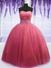 Pretty Lilac Ball Gowns Sweetheart Sleeveless Tulle Floor Length Lace Up Beading and Belt 15th Birthday Dress