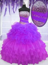 Great Multi-color Ball Gowns Beading and Ruffled Layers and Pick Ups Vestidos de Quinceanera Lace Up Organza Sleeveless Floor Length