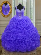 Fine Straps Sleeveless 15th Birthday Dress Floor Length Beading and Ruffles Purple Organza