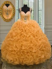 Glorious Strapless Sleeveless Lace Up Quince Ball Gowns Orange Organza
