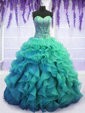 Glorious Organza Sweetheart Sleeveless Lace Up Beading and Ruffles Quinceanera Gown in Turquoise