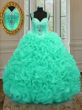 Pretty Straps Straps Floor Length Apple Green Quinceanera Dresses Organza Sleeveless Beading and Ruffles