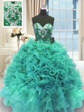 Luxury Sweetheart Sleeveless Sweet 16 Dress Floor Length Beading and Ruffles Turquoise Organza