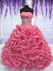 Fine Rose Pink Sleeveless Beading Floor Length Quinceanera Gowns