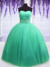 New Style Tulle Sleeveless Floor Length 15 Quinceanera Dress and Beading and Belt