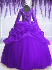 Dynamic Long Sleeves Organza Floor Length Zipper Vestidos de Quinceanera in Purple for with Sequins and Pick Ups