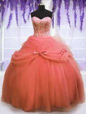 Perfect Ball Gowns 15th Birthday Dress Watermelon Red Sweetheart Tulle Sleeveless Floor Length Lace Up