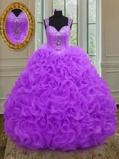 Glittering Straps Straps Purple Zipper 15th Birthday Dress Beading and Ruffles Sleeveless Floor Length