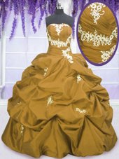 Floor Length Brown Sweet 16 Dresses Taffeta Sleeveless Appliques and Pick Ups