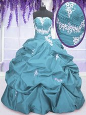 Most Popular Sleeveless Floor Length Appliques and Pick Ups Lace Up Vestidos de Quinceanera with Teal
