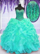 Turquoise Sleeveless Floor Length Beading and Ruffles Lace Up Quince Ball Gowns