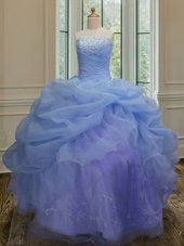 Strapless Sleeveless Quinceanera Gown Floor Length Embroidery and Pick Ups Blue Organza