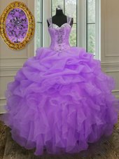 Beautiful Organza Straps Sleeveless Zipper Beading and Ruffles 15 Quinceanera Dress in Lavender
