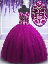 Fuchsia Ball Gown Prom Dress Military Ball and Sweet 16 and Quinceanera and For with Beading Sweetheart Sleeveless Lace Up