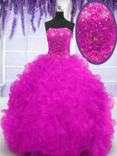 Fuchsia Strapless Neckline Beading and Appliques and Ruffles Vestidos de Quinceanera Sleeveless Lace Up
