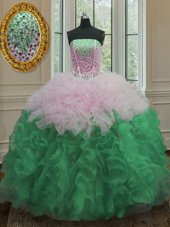 On Sale Multi-color Ball Gowns Strapless Sleeveless Organza Floor Length Lace Up Beading and Ruffles 15th Birthday Dress