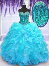 Popular Organza Sweetheart Sleeveless Lace Up Beading and Ruffles and Pick Ups 15 Quinceanera Dress in Aqua Blue