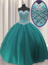 Three Piece Sweetheart Sleeveless Tulle Quinceanera Dress Beading and Sequins Lace Up